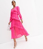 New Look Bright Pink Chiffon Tiered Ruffle Long Sleeve Midi Dress